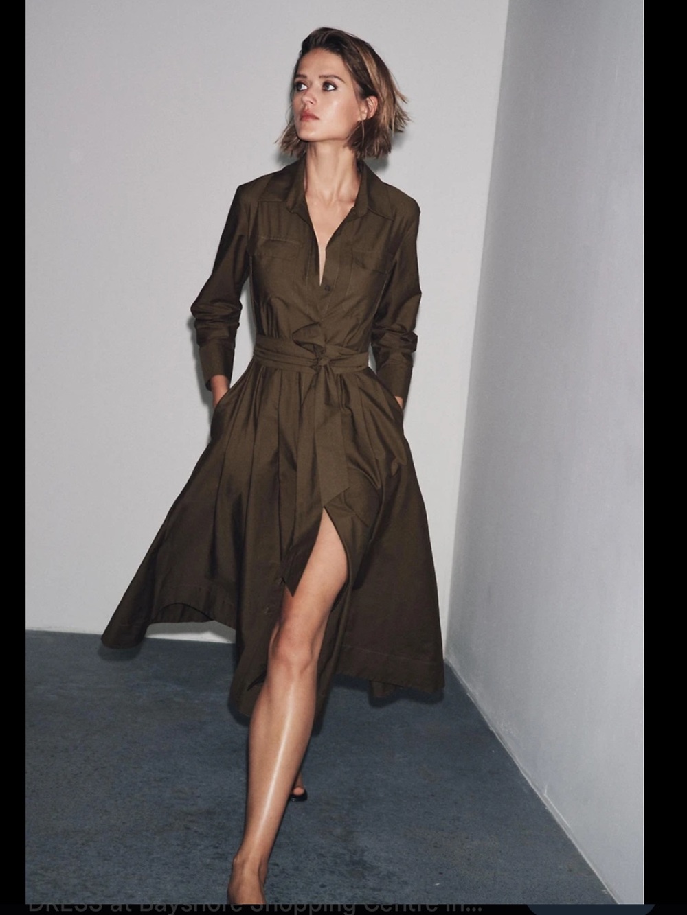 Zara Olive Midi Shirt Dress with Waist Tie